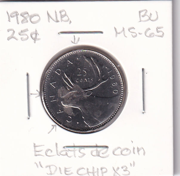 1980 25 cents BU (MS-65) - DIE CHIP X3