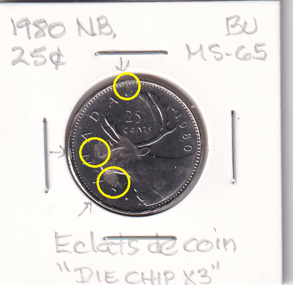 1980 25 cents BU (MS-65) - DIE CHIP X3